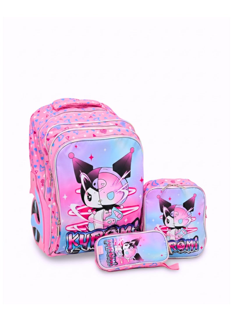 Aspire Books Premium 3-in-1 Big Wheel Trolley Kuromi School Bag Set [E973-18BW3] – Includes Matching Lunch Box & Pencil Pouch – Ergonomic High-Gloss Rolling Backpack for Girls’ Schooling & Outings - Image 1